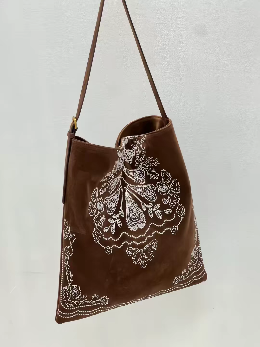 Handmade Ethnic Embroidered Suede Tote Bag Large Shoulder Purse