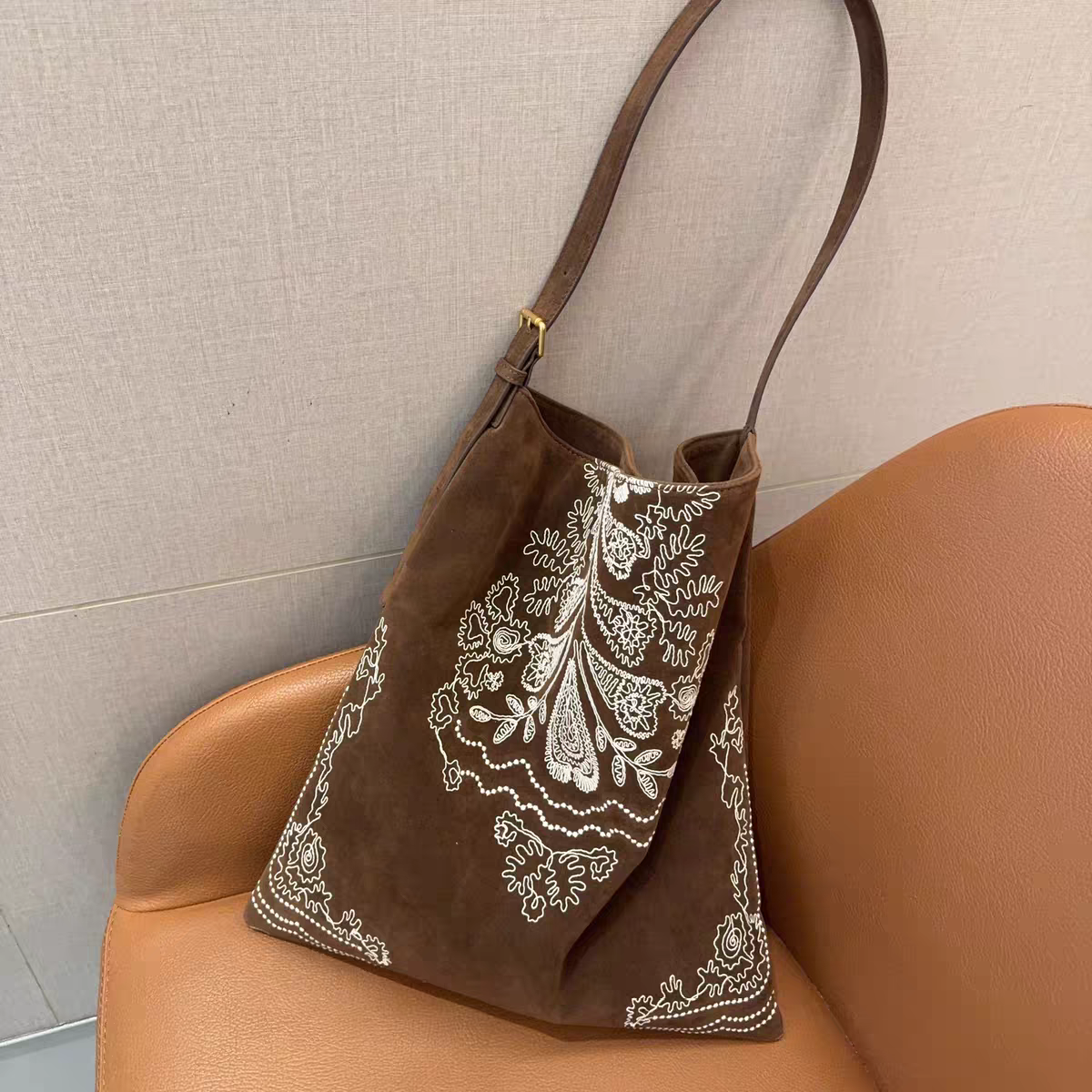 Handmade Ethnic Embroidered Suede Tote Bag Large Shoulder Purse - Image 2