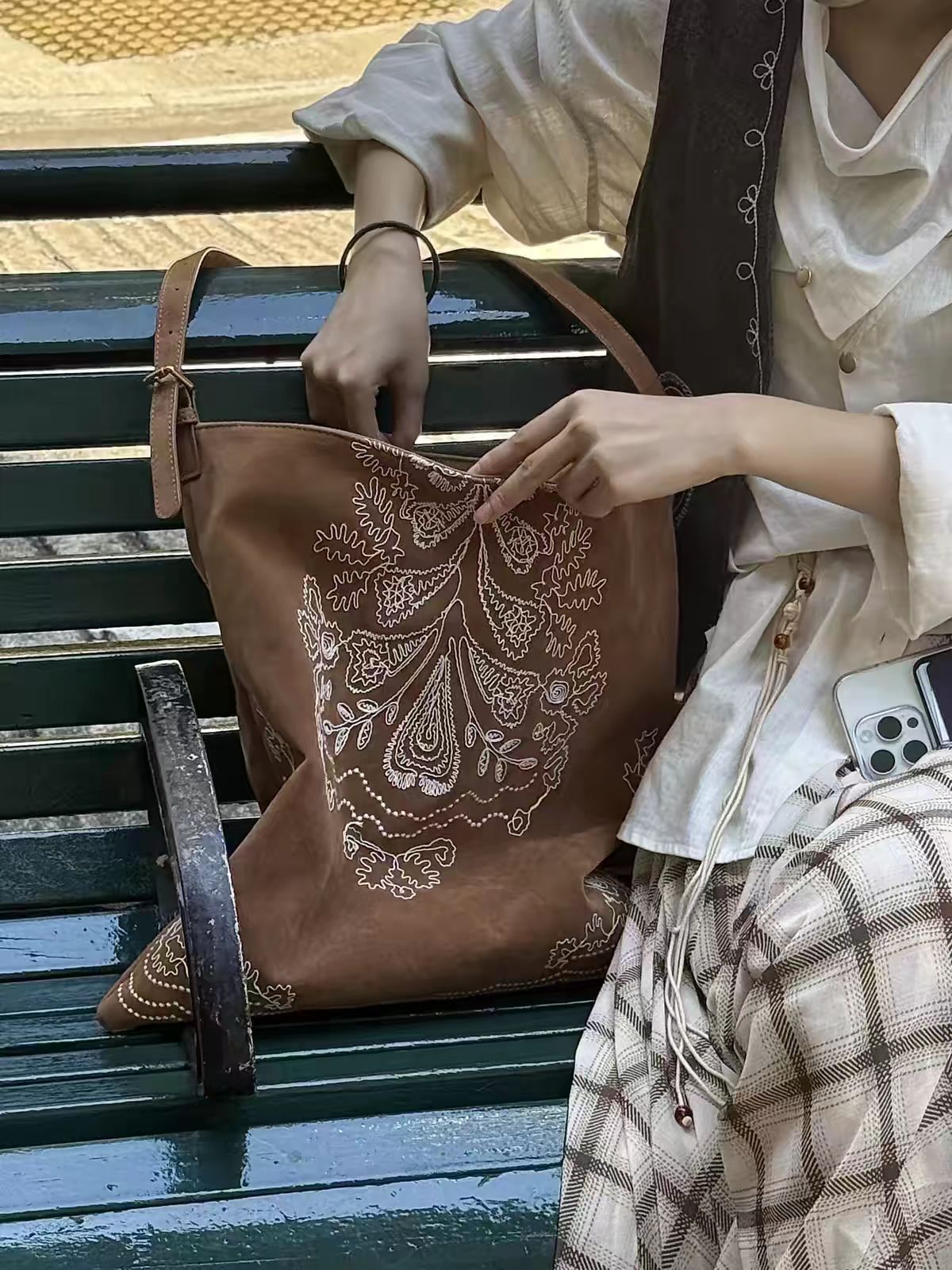 Handmade Ethnic Embroidered Suede Tote Bag Large Shoulder Purse - Image 3