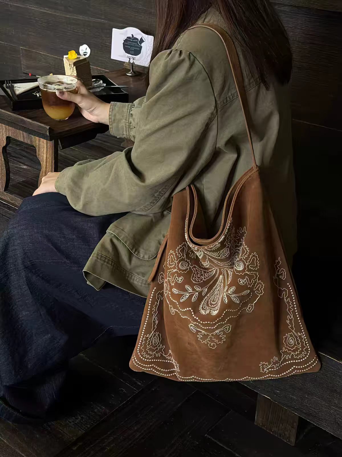 Handmade Ethnic Embroidered Suede Tote Bag Large Shoulder Purse - Image 4