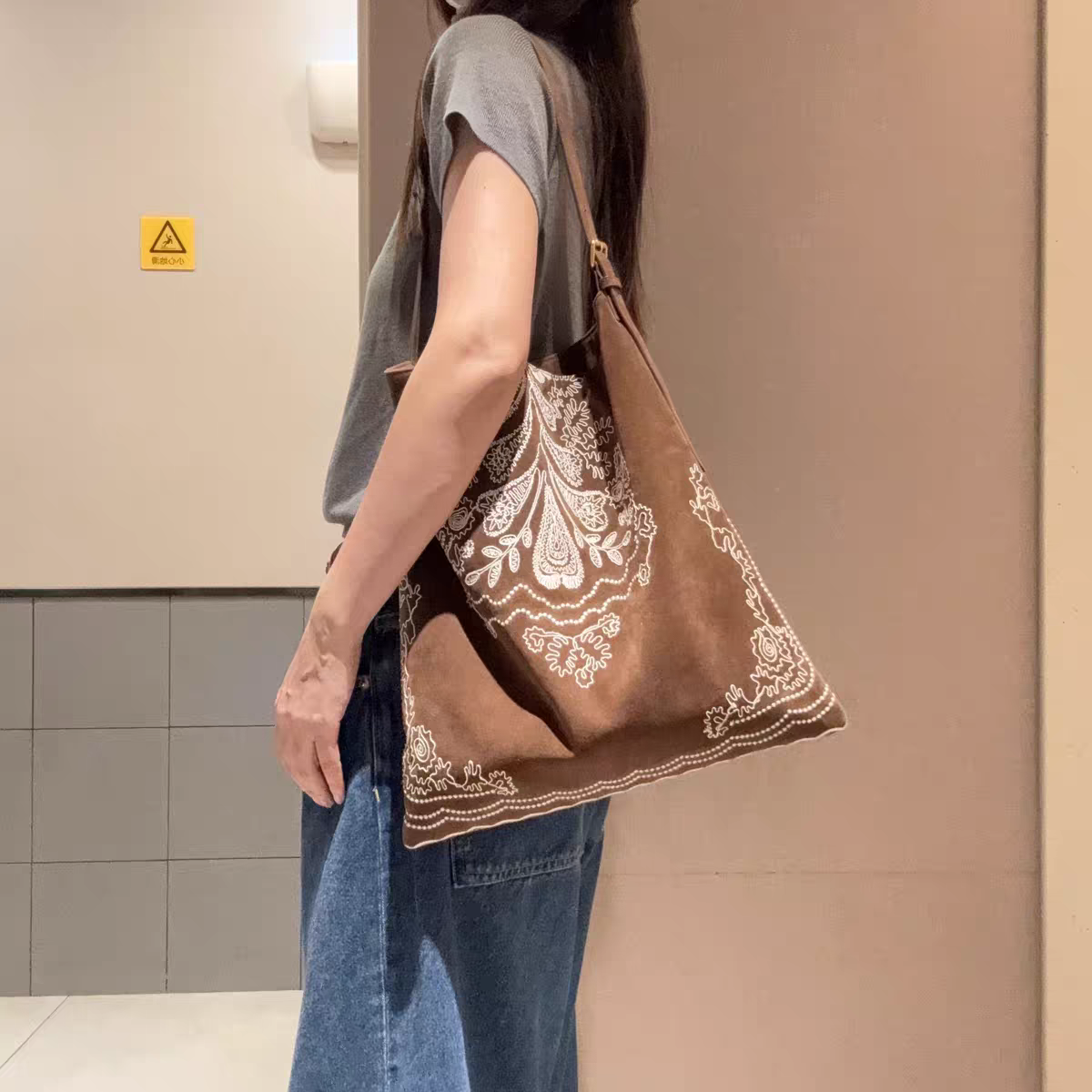 Handmade Ethnic Embroidered Suede Tote Bag Large Shoulder Purse - Image 5