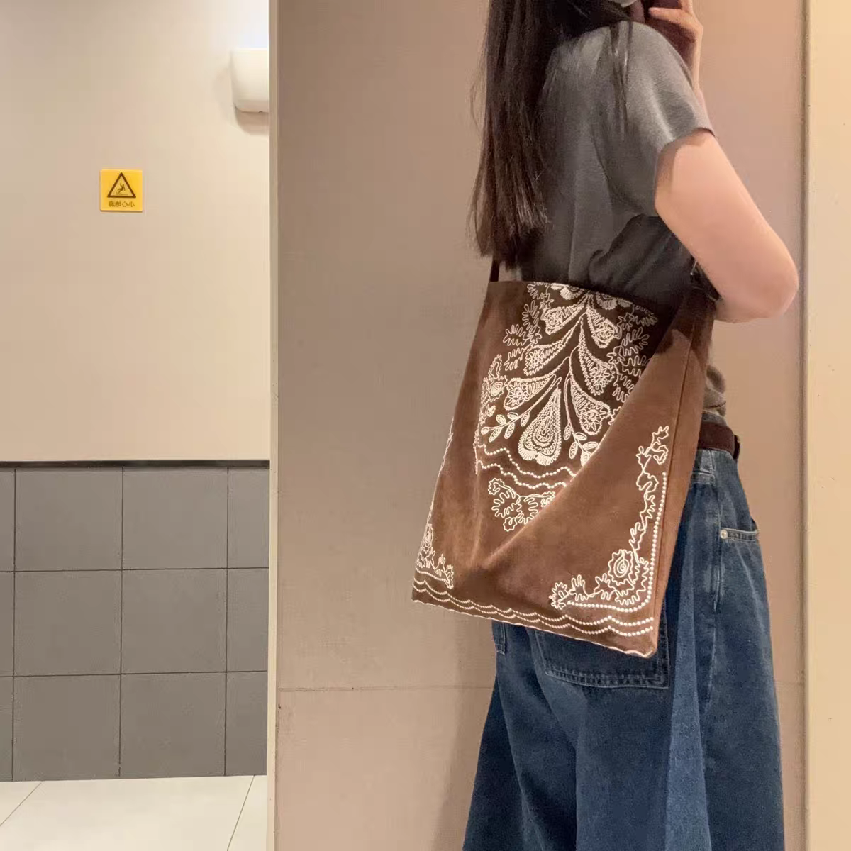 Handmade Ethnic Embroidered Suede Tote Bag Large Shoulder Purse - Image 6