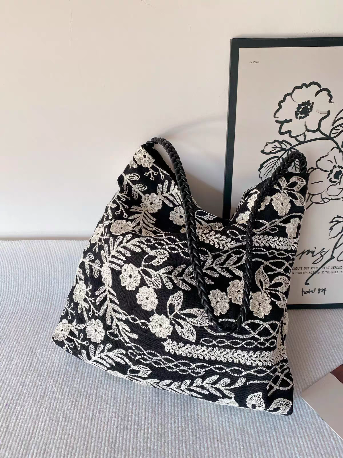Handmade White Floral Embroidery Tote Bag - Image 2