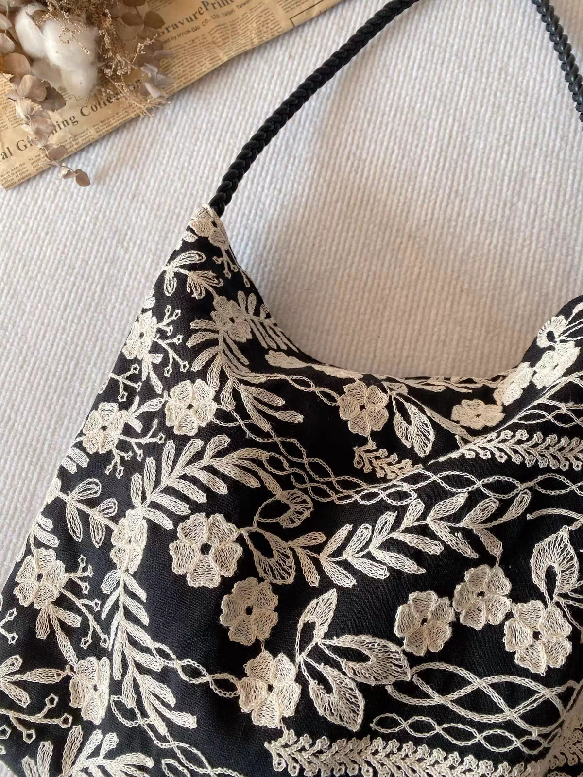 Handmade White Floral Embroidery Tote Bag - Image 6