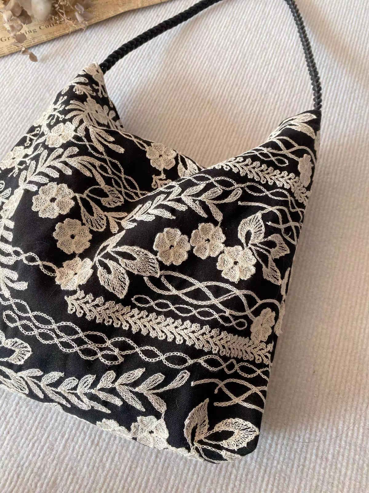 Handmade White Floral Embroidery Tote Bag - Image 5
