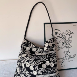 Handmade White Floral Embroidery Tote Bag