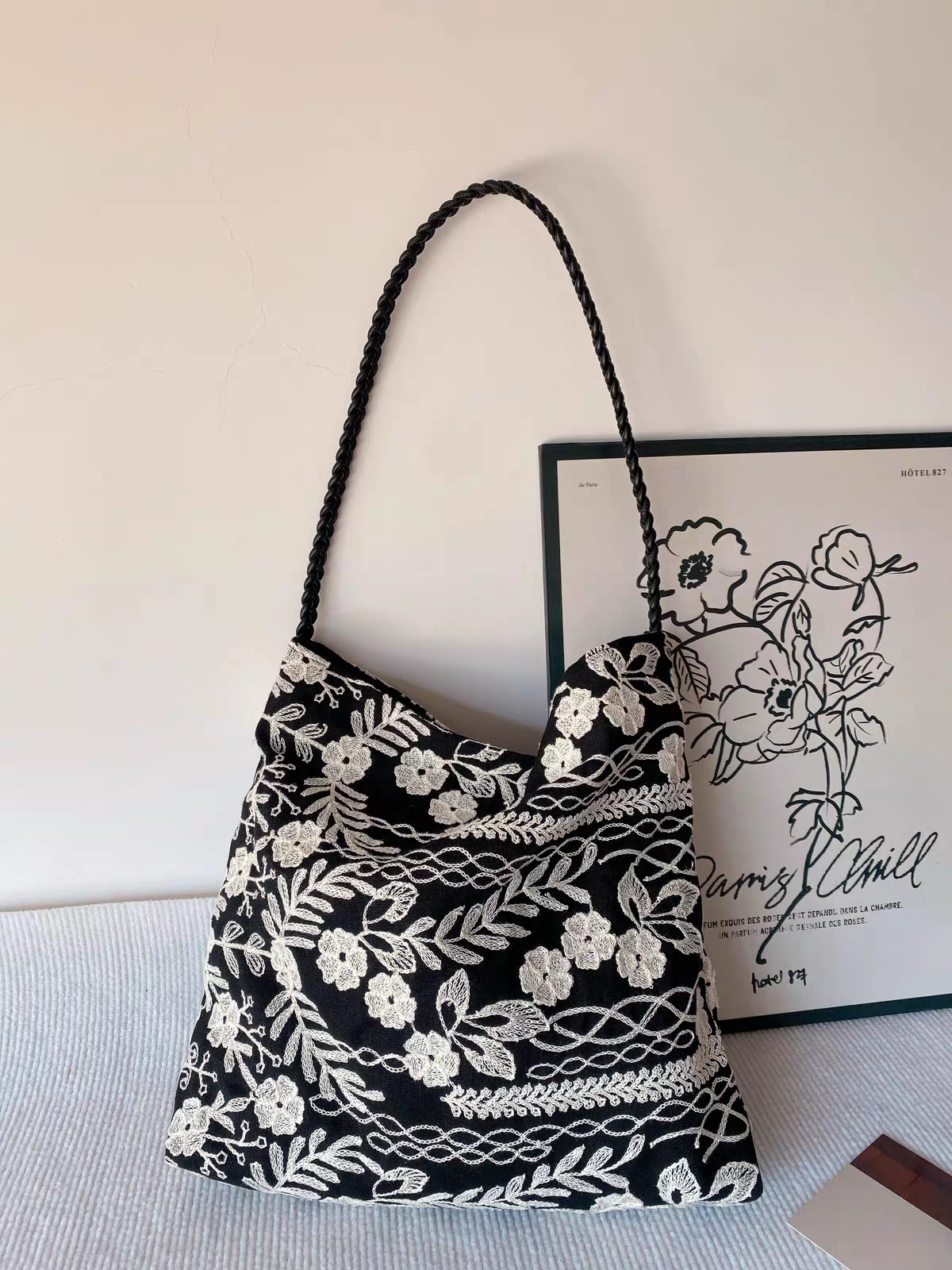 Handmade White Floral Embroidery Tote Bag