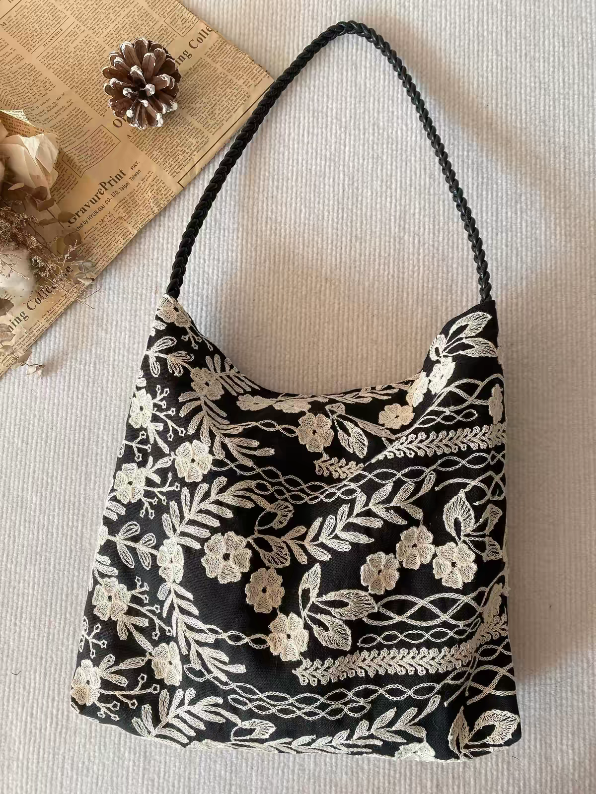 Handmade White Floral Embroidery Tote Bag - Image 3