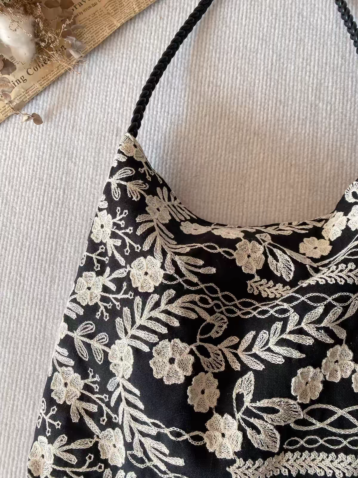 Handmade White Floral Embroidery Tote Bag - Image 4