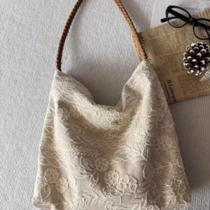 Handmade Beige Floral Lace Tote Bag
