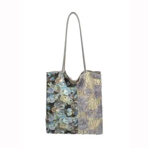Vintage Oil Painting Lace Canvas Tote Bag, 3D Floral Patchwork Large Shoulder Bag 