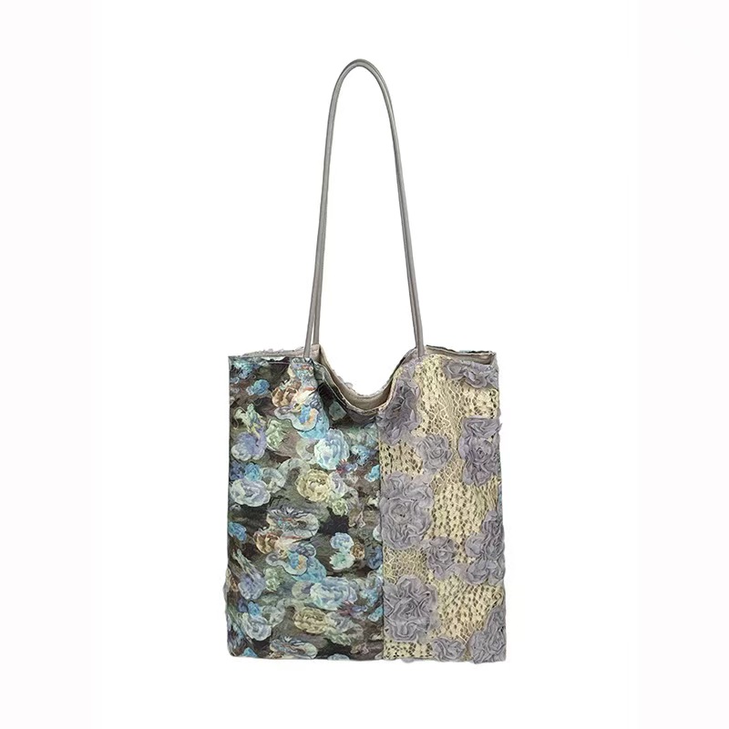 Vintage Oil Painting Lace Canvas Tote Bag, 3D Floral Patchwork Large Shoulder Bag