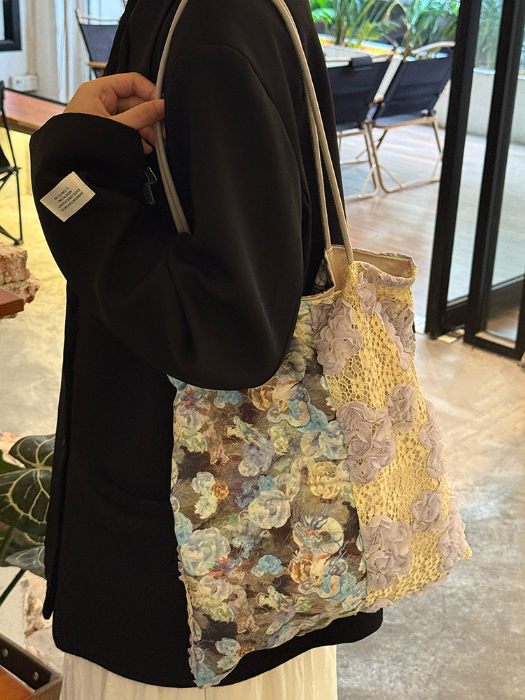 Vintage Oil Painting Lace Canvas Tote Bag, 3D Floral Patchwork Large Shoulder Bag - Image 5