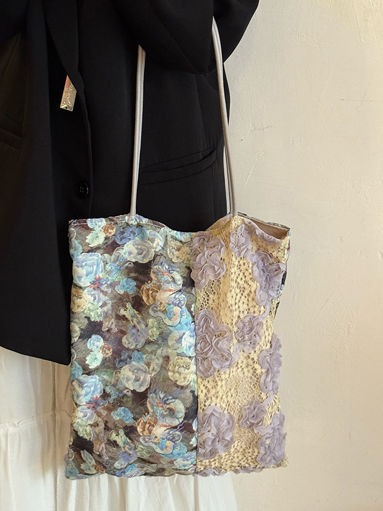 Vintage Oil Painting Lace Canvas Tote Bag, 3D Floral Patchwork Large Shoulder Bag - Image 6