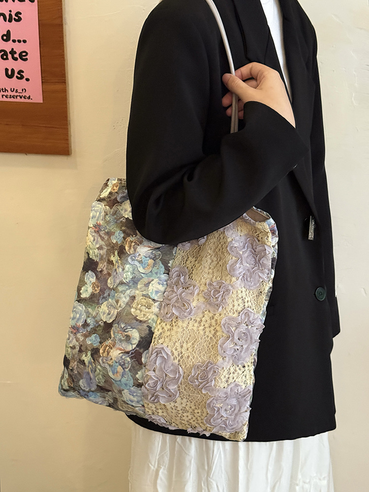 Vintage Oil Painting Lace Canvas Tote Bag, 3D Floral Patchwork Large Shoulder Bag - Image 7