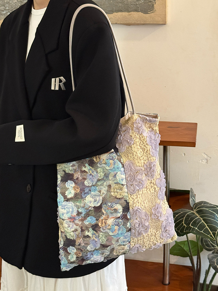 Vintage Oil Painting Lace Canvas Tote Bag, 3D Floral Patchwork Large Shoulder Bag - Image 8