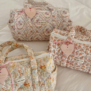 Quilted Floral Duffle Tote Bag, Large Capacity Travel Mommy Handbag, Casual Floral Shoulder Weekender Bag