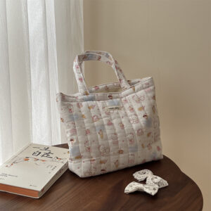 Quilted Cartoon Animal Print Tote Bag, Soft Cotton Mommy Handbag