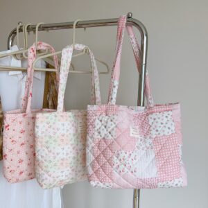 Pink Floral Quilted Tote Bag, Soft Cotton Large Shoulder Bag