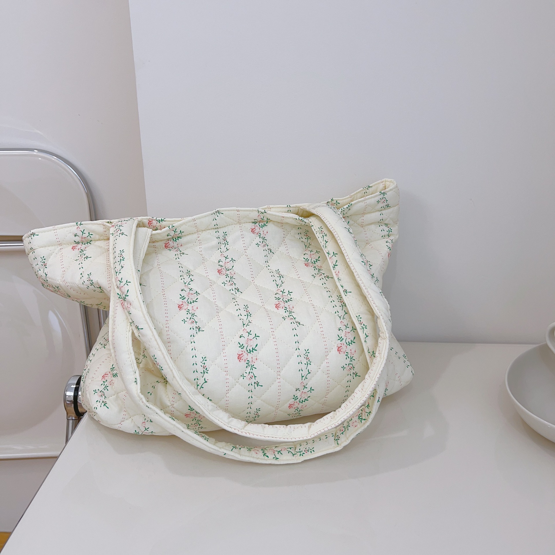 French Floral Quilted Tote Bag, Soft Cotton Large Shoulder Bag with Zipper Pocket - Image 7