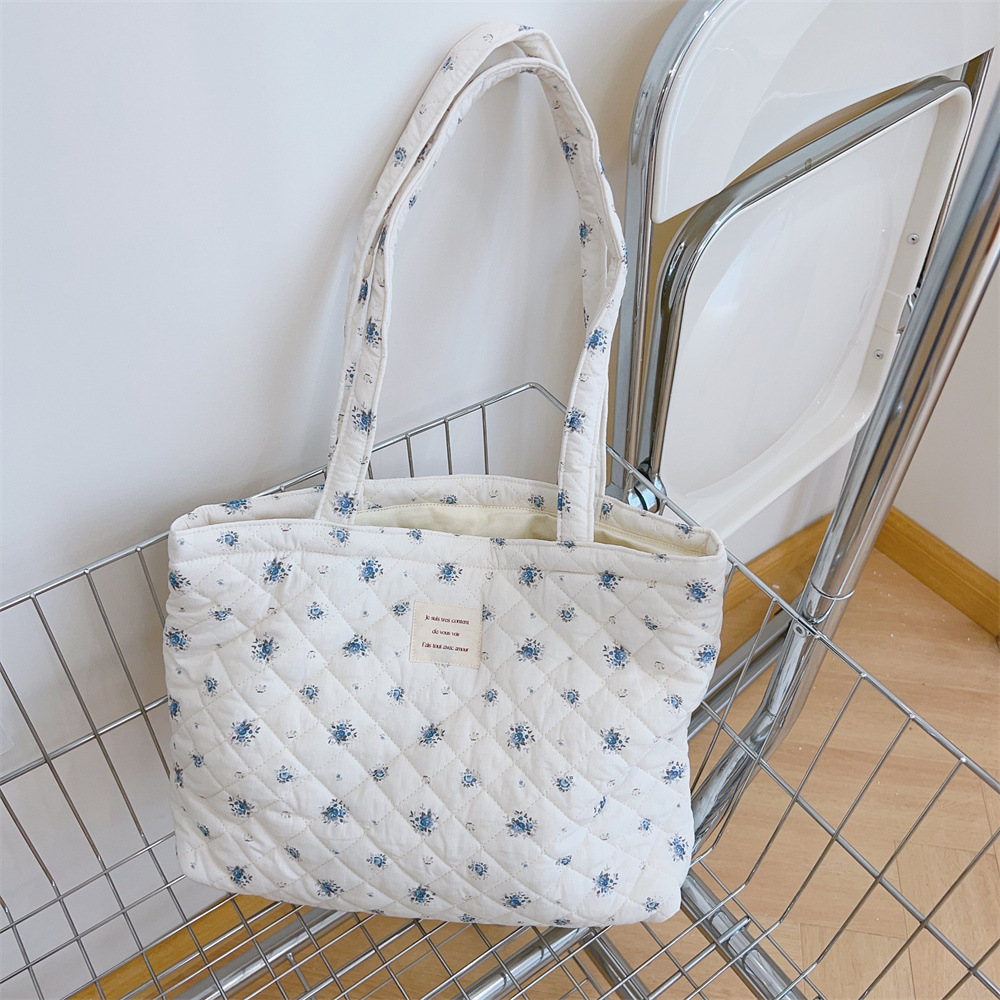 French Floral Quilted Tote Bag, Soft Cotton Large Shoulder Bag with Zipper Pocket - Image 6