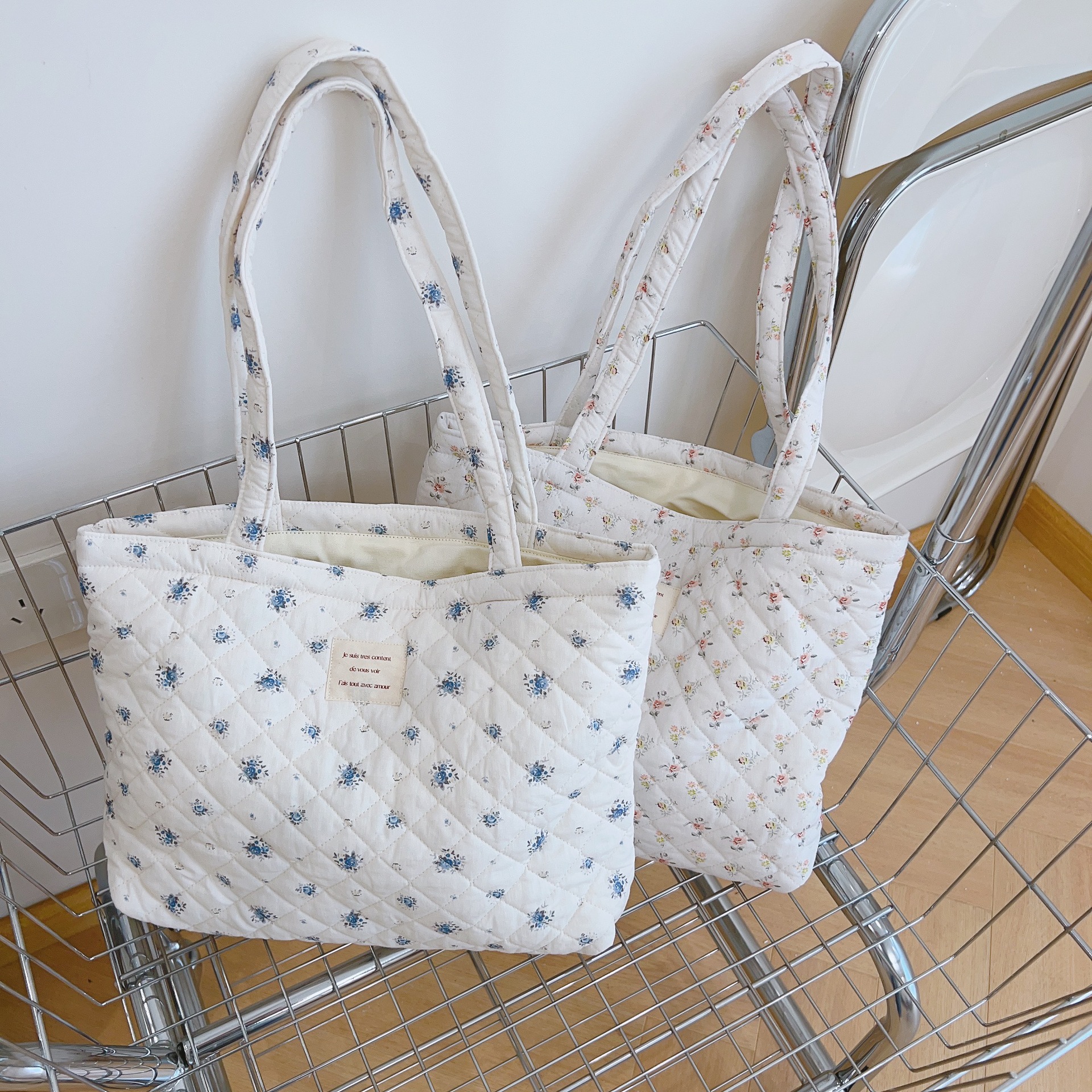 French Floral Quilted Tote Bag, Soft Cotton Large Shoulder Bag with Zipper Pocket - Image 2