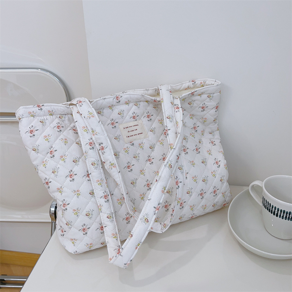 French Floral Quilted Tote Bag, Soft Cotton Large Shoulder Bag with Zipper Pocket - Image 5