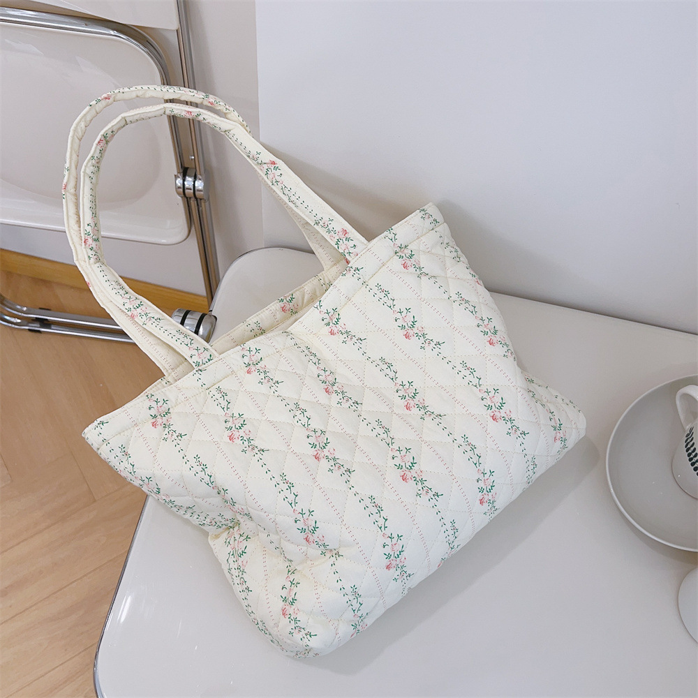 French Floral Quilted Tote Bag, Soft Cotton Large Shoulder Bag with Zipper Pocket - Image 4