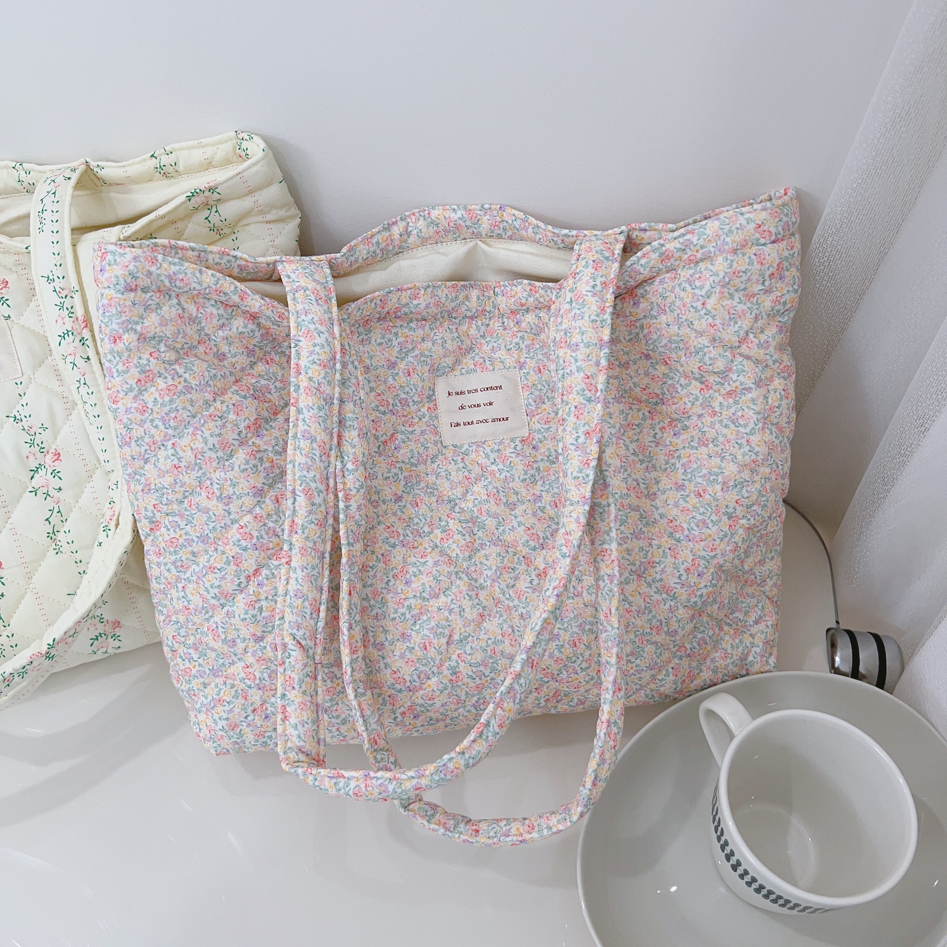 French Floral Quilted Tote Bag, Soft Cotton Large Shoulder Bag with Zipper Pocket - Image 8