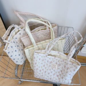 French Floral Quilted Tote Bag, Soft Cotton Large Shoulder Bag with Zipper Pocket