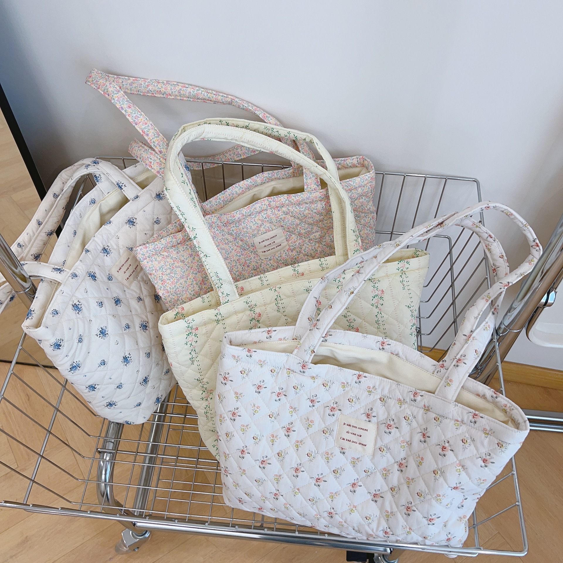 French Floral Quilted Tote Bag, Soft Cotton Large Shoulder Bag with Zipper Pocket