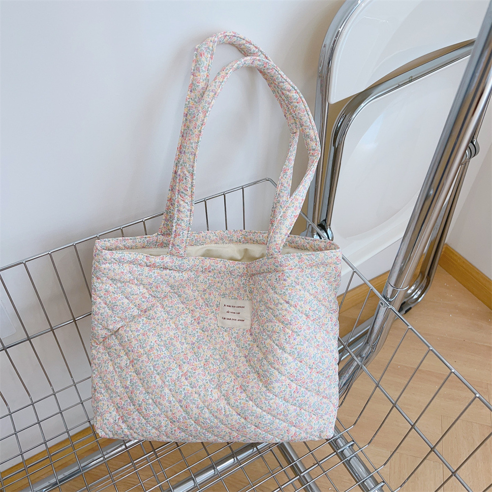 French Floral Quilted Tote Bag, Soft Cotton Large Shoulder Bag with Zipper Pocket - Image 3