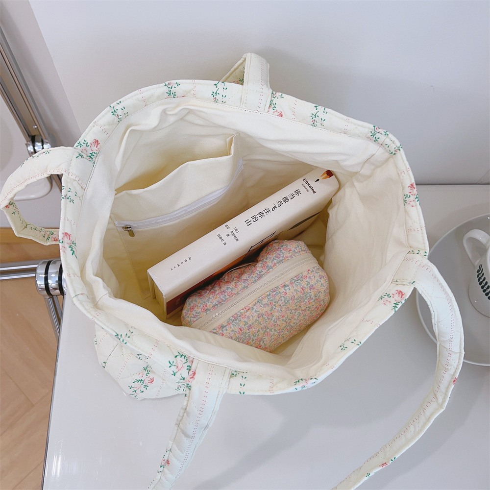 French Floral Quilted Tote Bag, Soft Cotton Large Shoulder Bag with Zipper Pocket - Image 9